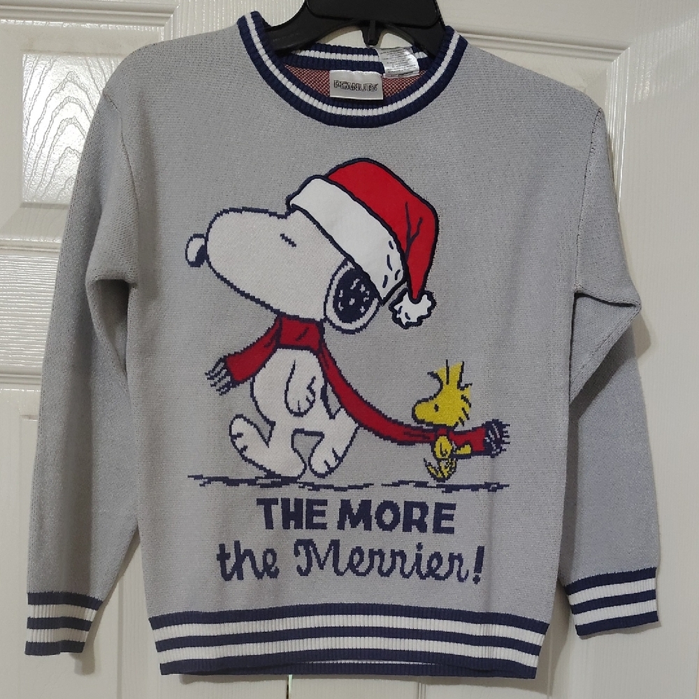Peanuts Gray Holiday Sweater with Snoopy and Woodstock